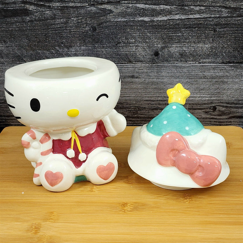 Load image into Gallery viewer, Hello Kitty Cookie Treat Snack Jar Candy Cane Christmas Classic Ceramic Blue Sky
