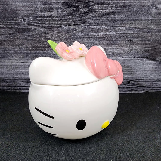 Hello Kitty Head Cookie Jar Snack Jar Pink Bow White Ceramic Blue Sky Embossed