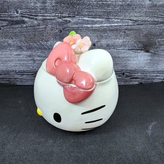 Hello Kitty Head Cookie Jar Snack Jar Pink Bow White Ceramic Blue Sky Embossed