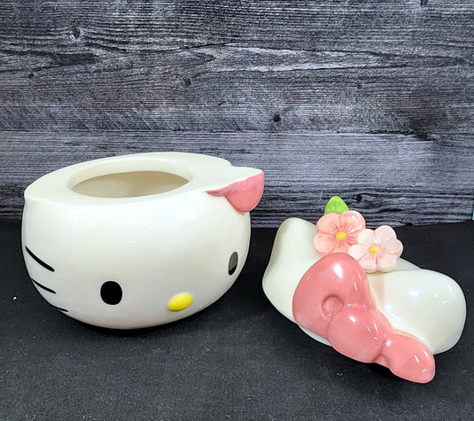 Hello Kitty Head Cookie Jar Snack Jar Pink Bow White Ceramic Blue Sky Embossed