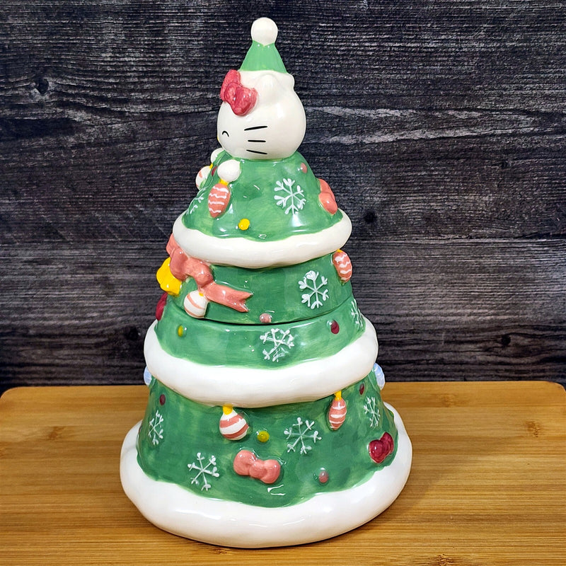 Load image into Gallery viewer, Hello Kitty Cookie Snack Jar Holiday Tree Green Ceramic Blue Sky Embossed
