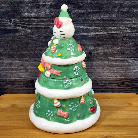 Hello Kitty Cookie Snack Jar Holiday Tree Green Ceramic Blue Sky Embossed