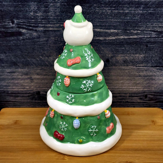 Hello Kitty Cookie Snack Jar Holiday Tree Green Ceramic Blue Sky Embossed