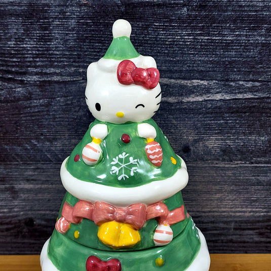 Hello Kitty Cookie Snack Jar Holiday Tree Green Ceramic Blue Sky Embossed