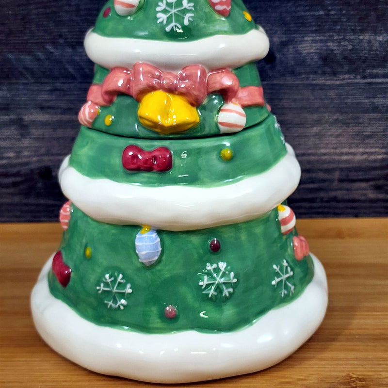 Load image into Gallery viewer, Hello Kitty Cookie Snack Jar Holiday Tree Green Ceramic Blue Sky Embossed
