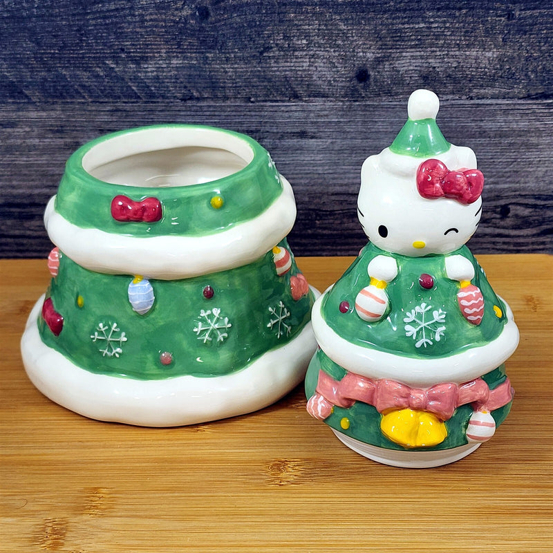 Load image into Gallery viewer, Hello Kitty Cookie Snack Jar Holiday Tree Green Ceramic Blue Sky Embossed
