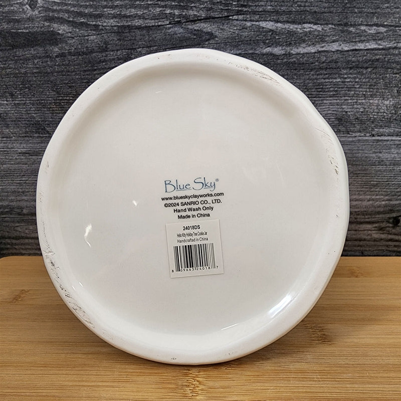 Load image into Gallery viewer, Hello Kitty Cookie Snack Jar Holiday Tree Green Ceramic Blue Sky Embossed
