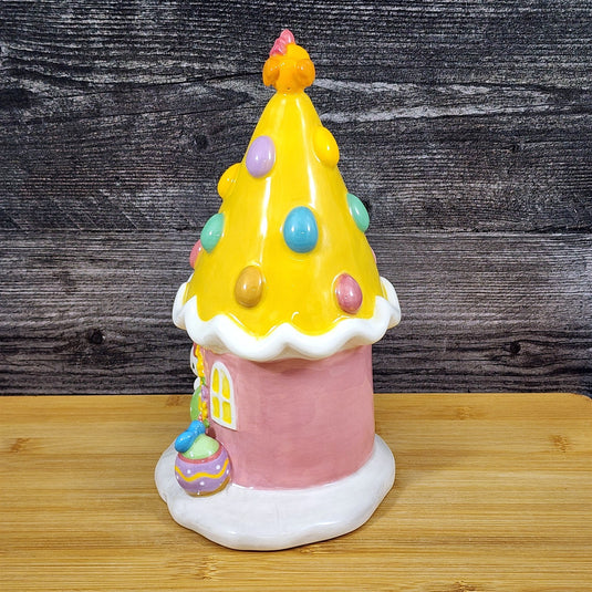 Hello Kitty Easter Egg House Figurine Yellow Ceramic Blue Sky Embossed