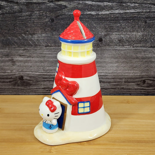 Hello Kitty Light House Bank White Red Ceramic Embossed Blue Sky