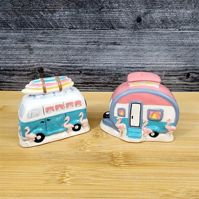 Flamingo Camper Van Salt Pepper Set Collectible Ceramic Blue Sky Clayworks