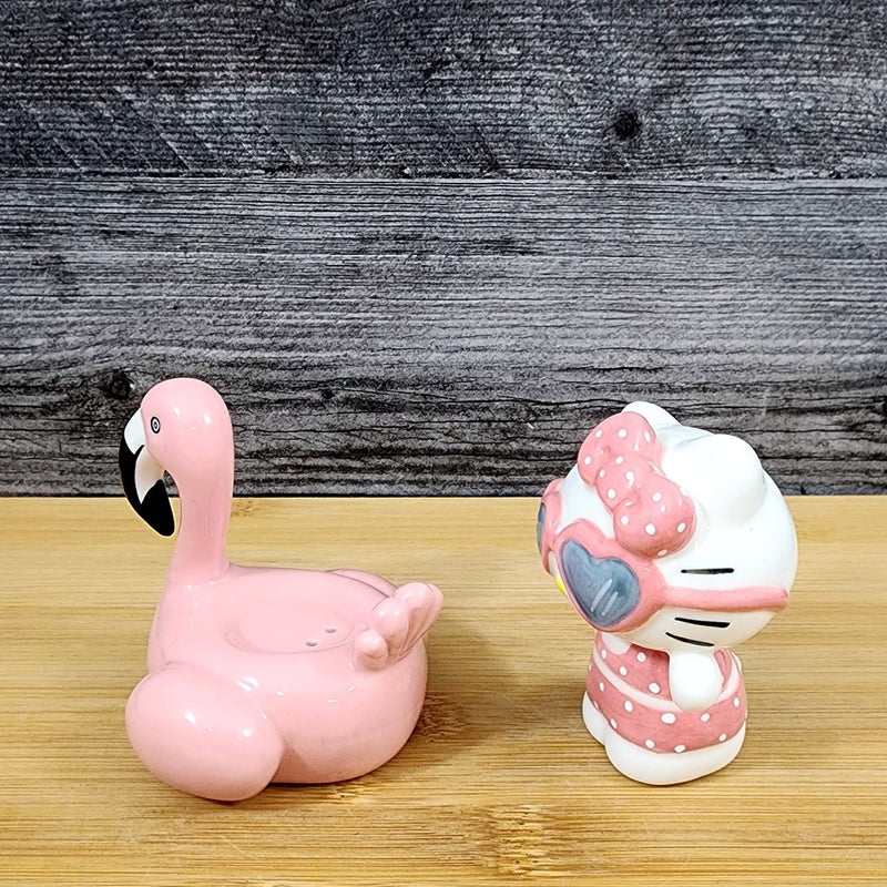 Load image into Gallery viewer, Hello Kitty and Pink Flamingo Salt Pepper Set Collectible Ceramic by Blue Sky
