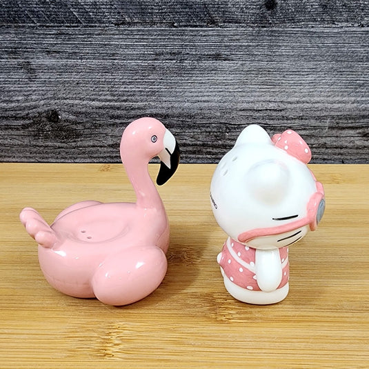 Hello Kitty and Pink Flamingo Salt Pepper Set Collectible Ceramic by Blue Sky
