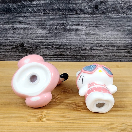Hello Kitty and Pink Flamingo Salt Pepper Set Collectible Ceramic by Blue Sky