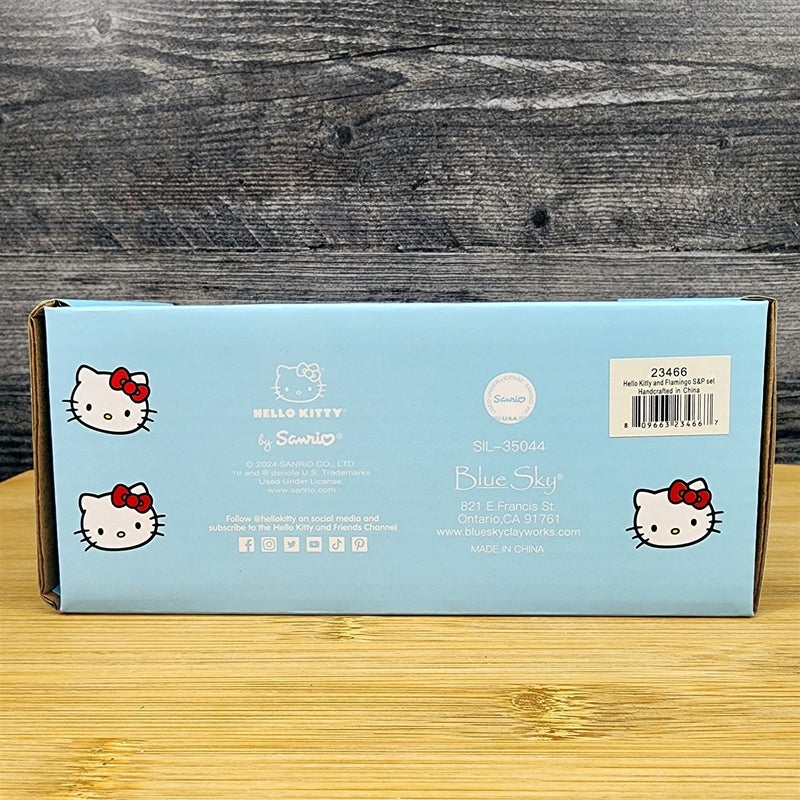 Load image into Gallery viewer, Hello Kitty and Pink Flamingo Salt Pepper Set Collectible Ceramic by Blue Sky
