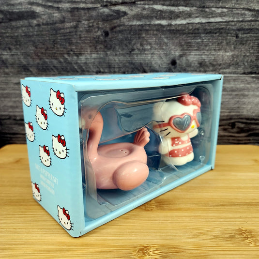 Hello Kitty and Pink Flamingo Salt Pepper Set Collectible Ceramic by Blue Sky