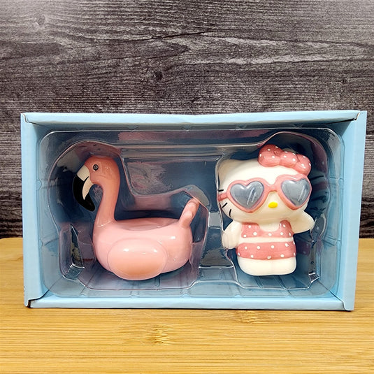 Hello Kitty and Pink Flamingo Salt Pepper Set Collectible Ceramic by Blue Sky
