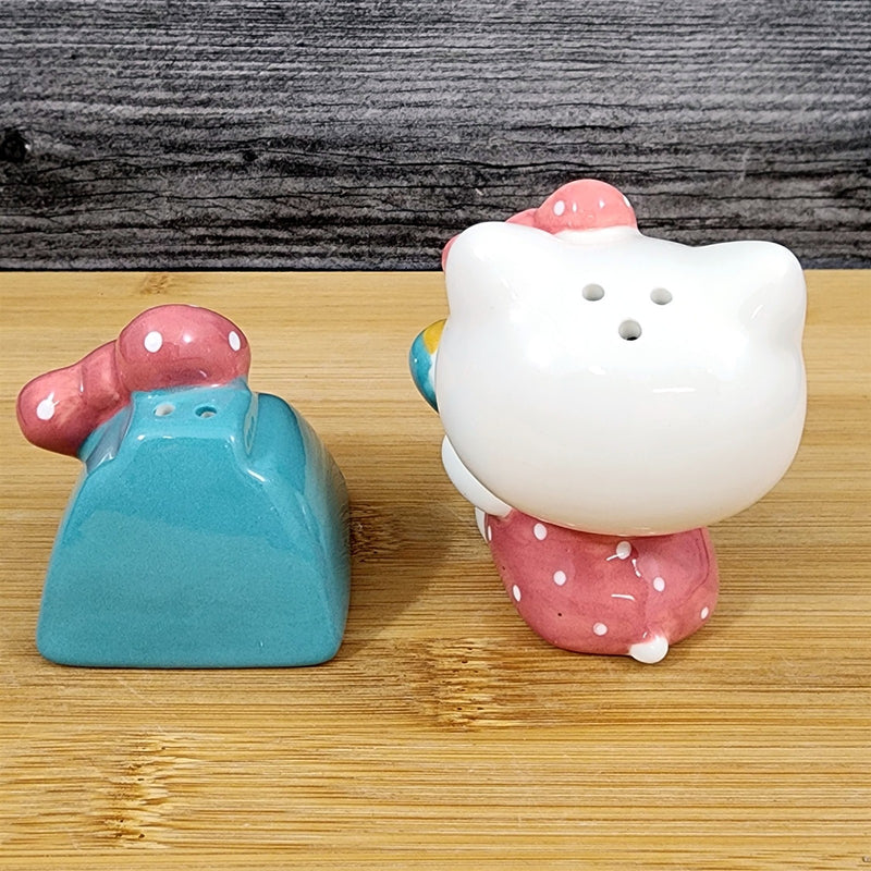 Load image into Gallery viewer, Hello Kitty Phone A Friend Salt Pepper Set Collectible Ceramic by Blue Sky
