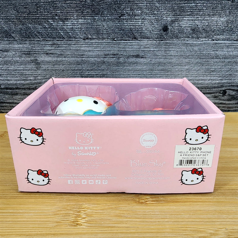 Load image into Gallery viewer, Hello Kitty Phone A Friend Salt Pepper Set Collectible Ceramic by Blue Sky
