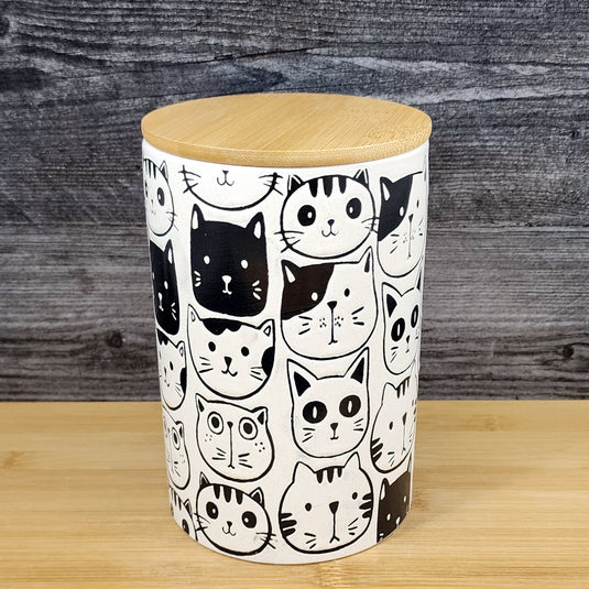 Cat Friends Canister & Lid 8" Ceramic White Pink Treat Jar Whimsical Blue Sky