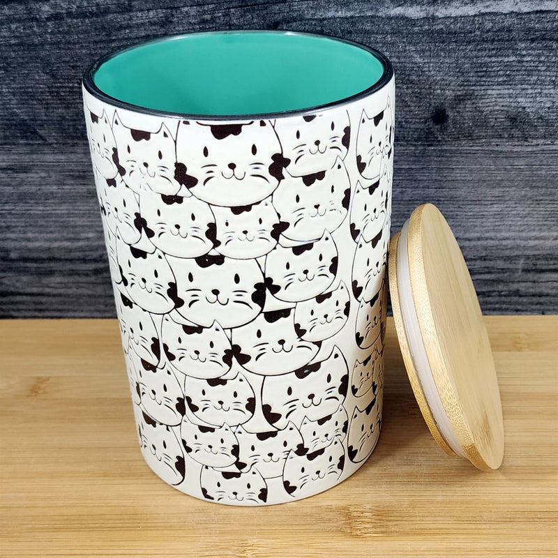 Load image into Gallery viewer, Cat Face Repeat Canister &amp; Lid 8" Ceramic Green White Jar Whimsical Blue Sky
