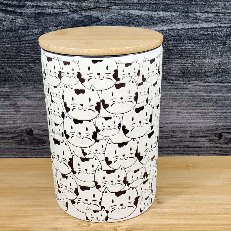 Load image into Gallery viewer, Cat Face Repeat Canister &amp; Lid 8" Ceramic Green White Jar Whimsical Blue Sky
