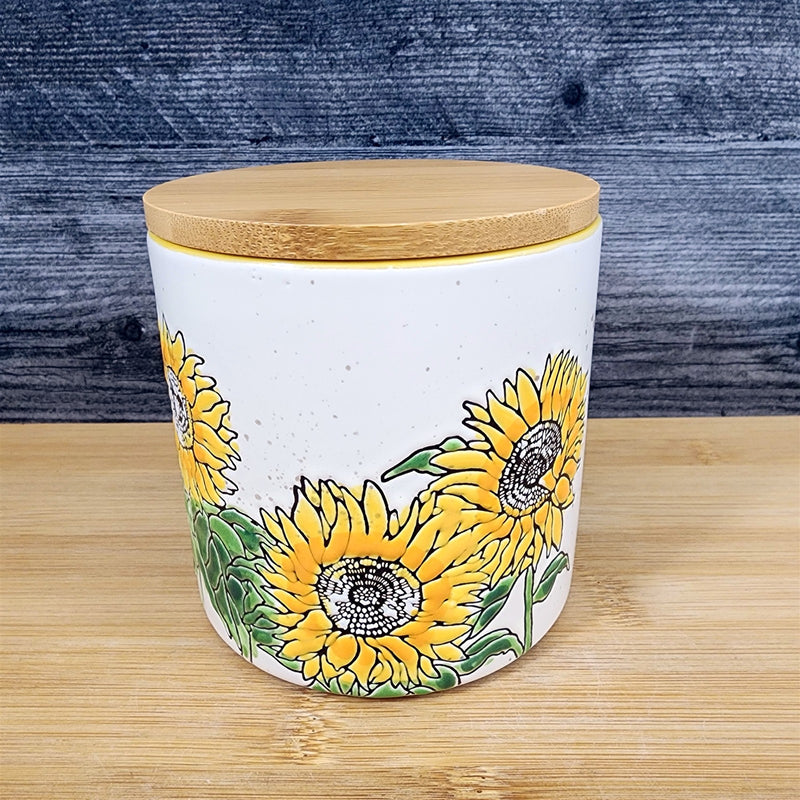 Load image into Gallery viewer, Sunflowers Canister &amp; Wood Lid Embossed 4" Ceramic White Jar Floral Blue Sky
