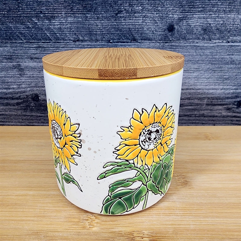 Load image into Gallery viewer, Sunflowers Canister &amp; Wood Lid Embossed 4" Ceramic White Jar Floral Blue Sky
