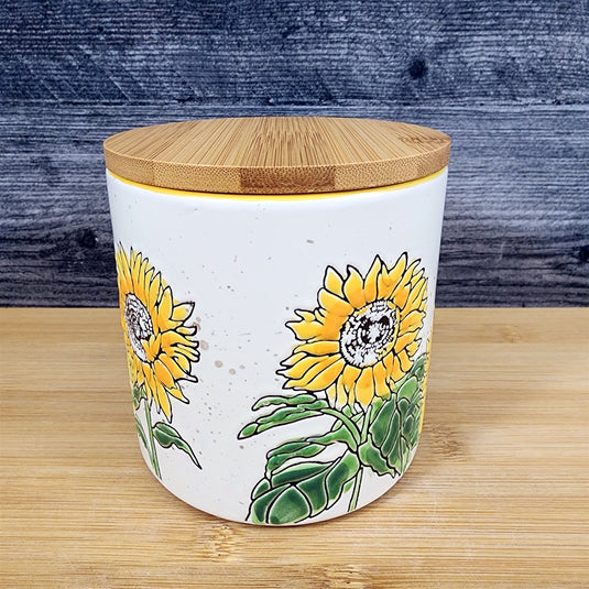 Sunflowers Canister & Wood Lid Embossed 4" Ceramic White Jar Floral Blue Sky