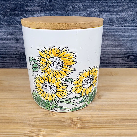 Sunflowers Canister & Lid Embossed 5" Ceramic White Jar Floral Pot Blue Sky