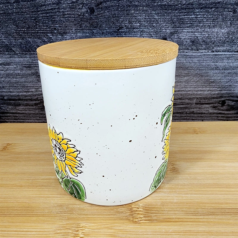 Load image into Gallery viewer, Sunflowers Canister &amp; Lid Embossed 5" Ceramic White Jar Floral Pot Blue Sky
