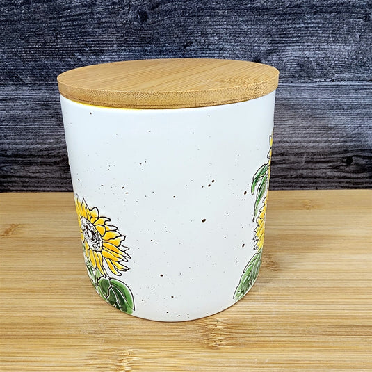 Sunflowers Canister & Lid Embossed 5" Ceramic White Jar Floral Pot Blue Sky