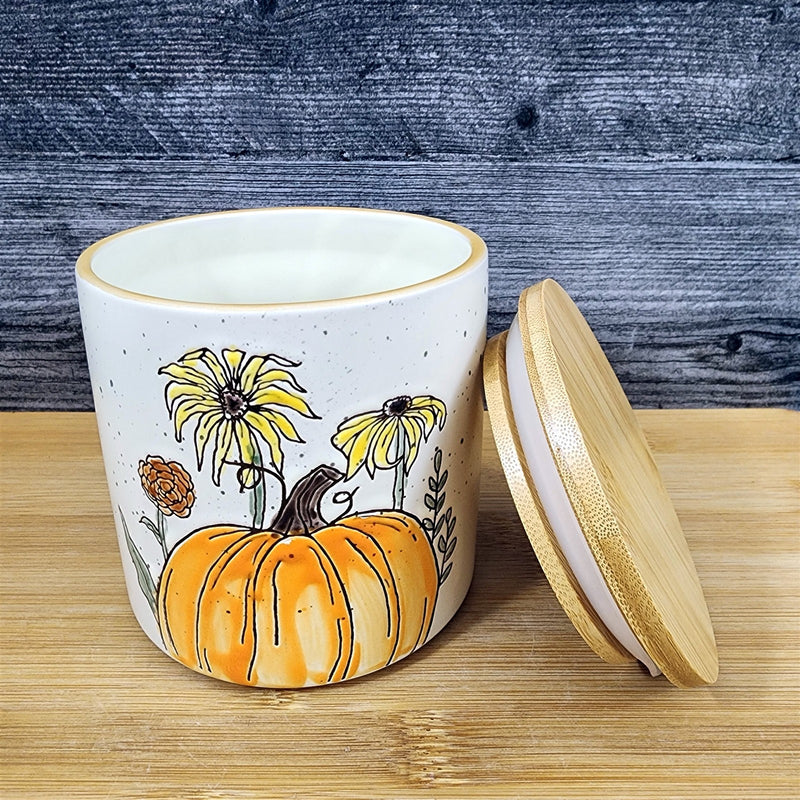 Load image into Gallery viewer, Botanical Harvest Pumpkin Canister &amp; Lid 4" Ceramic White Jar Kimpton Blue Sky
