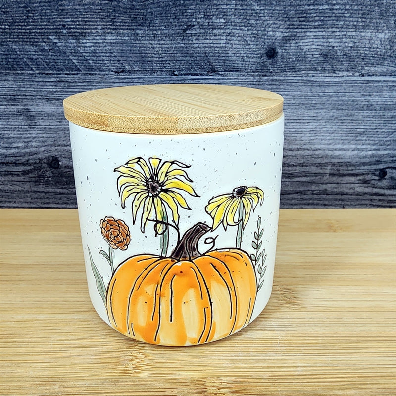Load image into Gallery viewer, Botanical Harvest Pumpkin Canister &amp; Lid 4" Ceramic White Jar Kimpton Blue Sky
