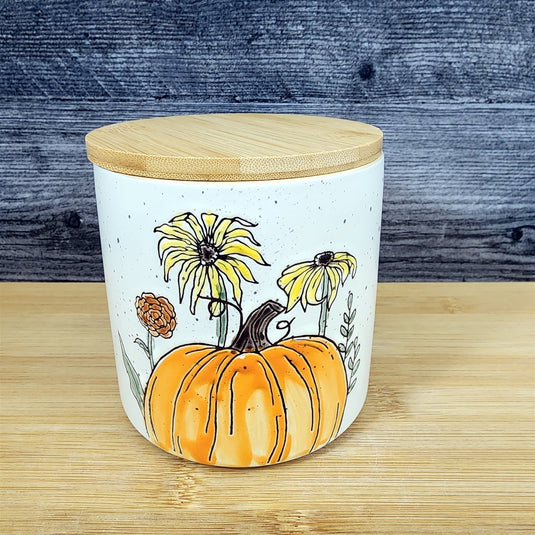 Botanical Harvest Pumpkin Canister & Lid 4" Ceramic White Jar Kimpton Blue Sky