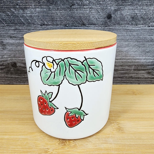 Botanical Strawberry Fields Canister & Lid 4 " Ceramic White Jar Floral Blue Sky