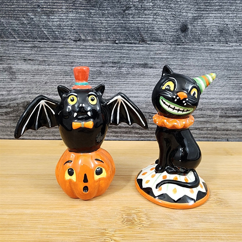 Load image into Gallery viewer, Halloween Salt Pepper Set Pumpkin Jack-o-Lantern Black Cat Bat Ceramic Blue Sky
