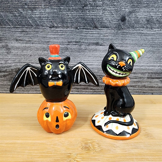 Halloween Salt Pepper Set Pumpkin Jack-o-Lantern Black Cat Bat Ceramic Blue Sky