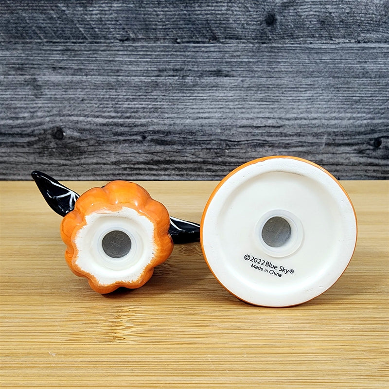 Load image into Gallery viewer, Halloween Salt Pepper Set Pumpkin Jack-o-Lantern Black Cat Bat Ceramic Blue Sky
