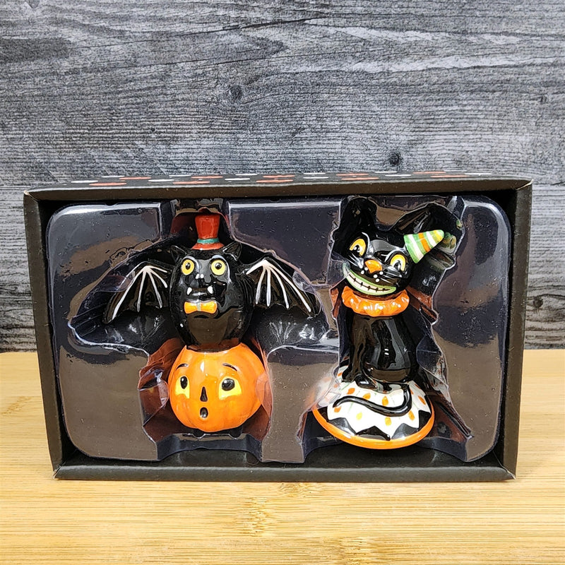 Load image into Gallery viewer, Halloween Salt Pepper Set Pumpkin Jack-o-Lantern Black Cat Bat Ceramic Blue Sky
