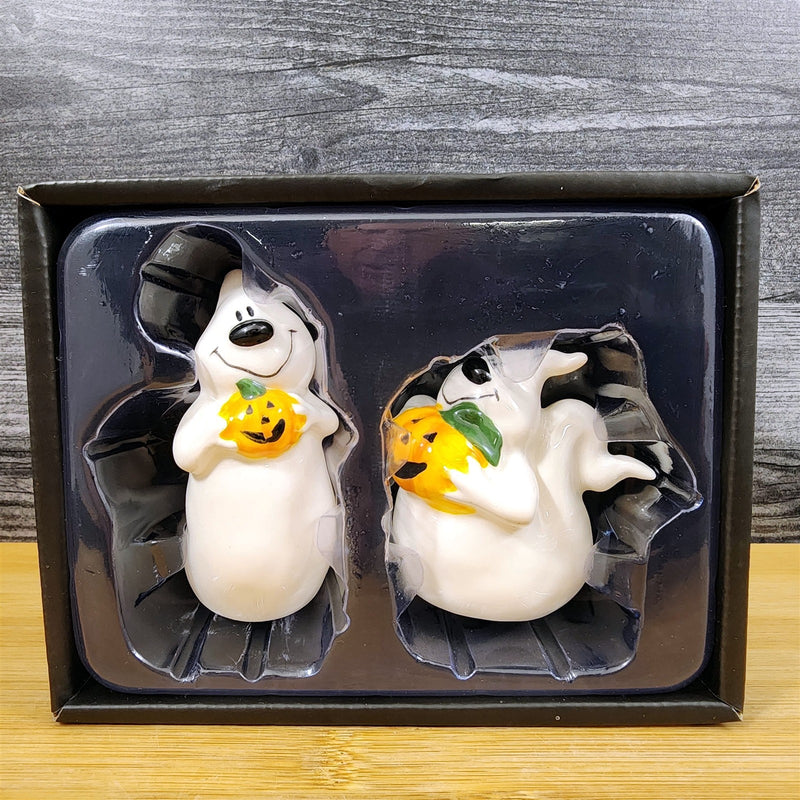 Load image into Gallery viewer, Halloween Ghost Salt Pepper Set Ceramic Pumpkin Fall Blue Sky Heather Goldminc
