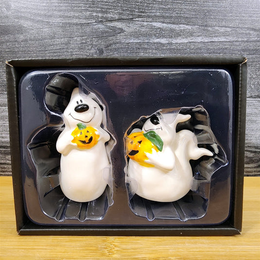 Halloween Ghost Salt Pepper Set Ceramic Pumpkin Fall Blue Sky Heather Goldminc