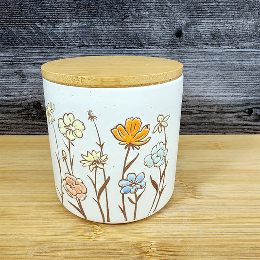 Botanical Canister & Lid Embossed 4" Ceramic White Jar Floral Summer Blue Sky