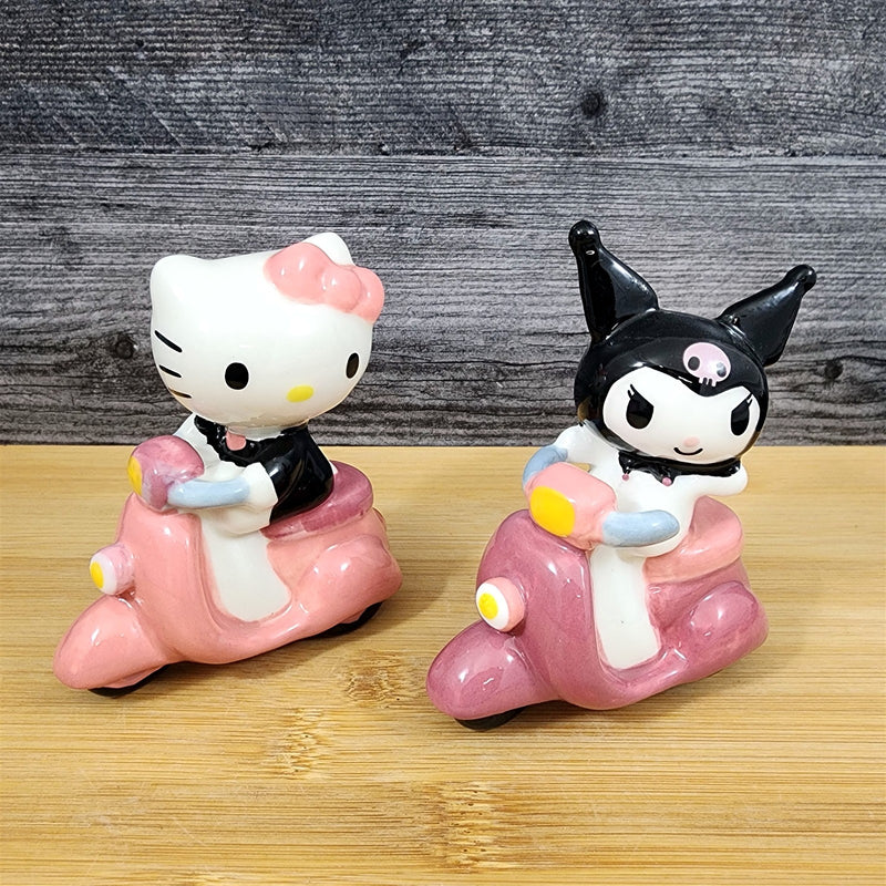 Load image into Gallery viewer, Hello Kitty And Kuromi Scooter Salt Pepper Set Collectible Ceramic by Blue Sky
