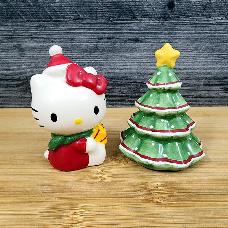 Load image into Gallery viewer, Hello Kitty Christmas Tree Salt Pepper Set Collectible Ceramic by Blue Sky
