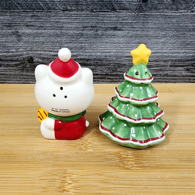 Load image into Gallery viewer, Hello Kitty Christmas Tree Salt Pepper Set Collectible Ceramic by Blue Sky
