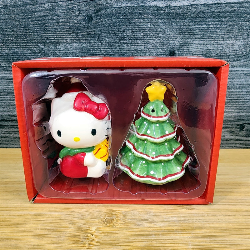 Load image into Gallery viewer, Hello Kitty Christmas Tree Salt Pepper Set Collectible Ceramic by Blue Sky
