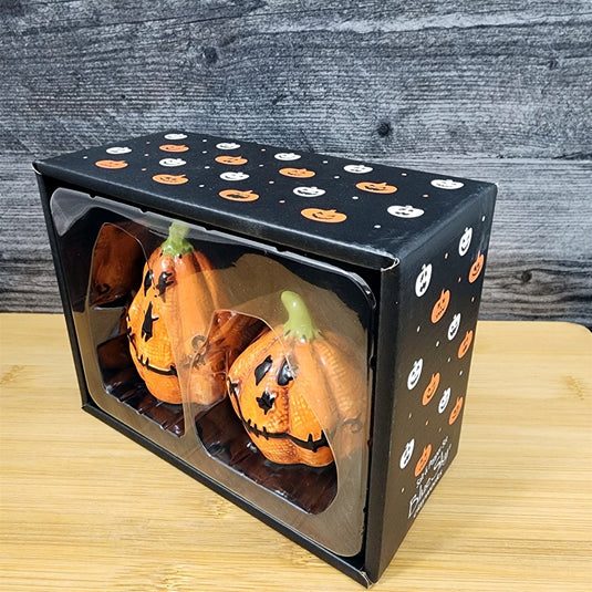 Halloween Salt Pepper Set Stitched Pumpkin Jack-o-Lanterns Fall Ceramic Blue Sky