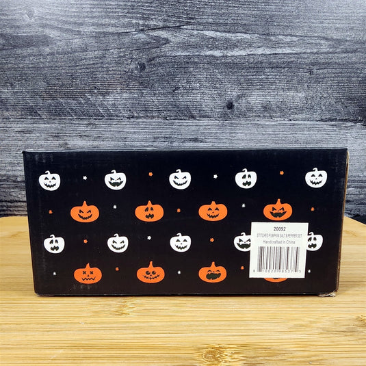 Halloween Salt Pepper Set Stitched Pumpkin Jack-o-Lanterns Fall Ceramic Blue Sky