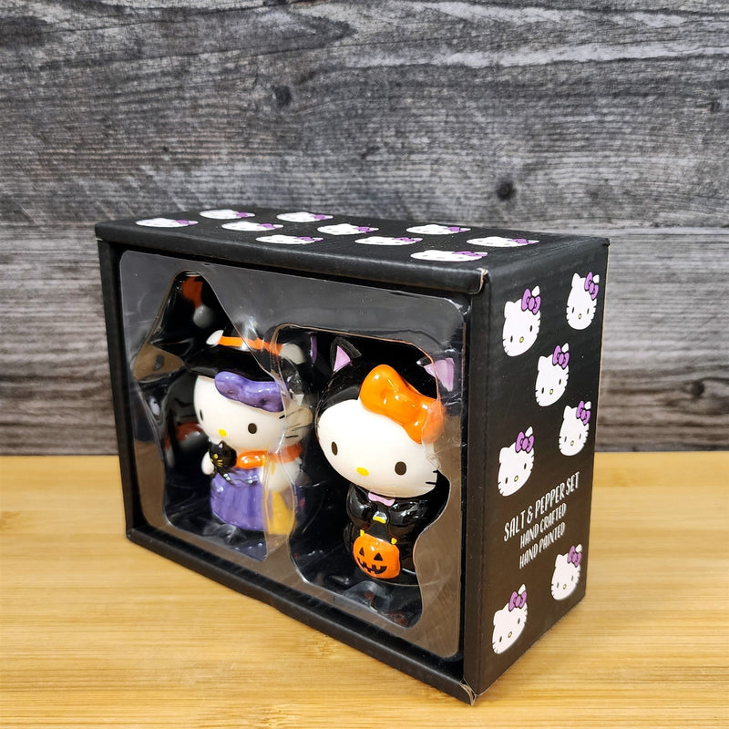 Load image into Gallery viewer, Hello Kitty Halloween Trick Treat Witch Costume Salt Pepper Set Ceramic Blue Sky
