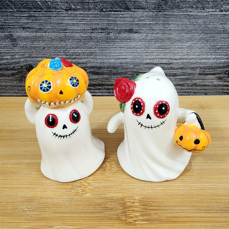 Load image into Gallery viewer, Halloween Salt Pepper Set Ghost Pumpkins Trick or Treat Costume Ceramic Blue Sky
